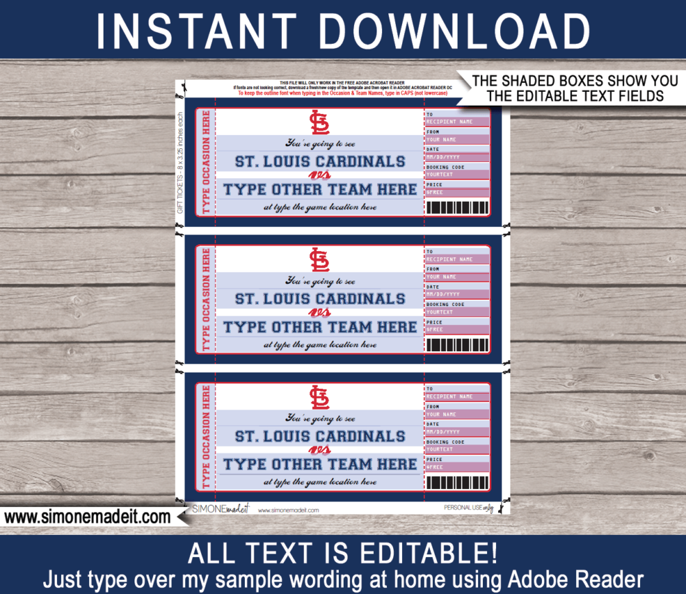 Editable St Louis Cardinals Game Ticket Gift Voucher Template | Printable Surprise MLB Baseball Tickets | Editable Text | Gift Certificate | Birthday, Christmas, Anniversary, Retirement, Graduation, Mother's Day, Father's Day, Congratulations, Valentine's Day | INSTANT DOWNLOAD via giftsbysimonemadeit.com