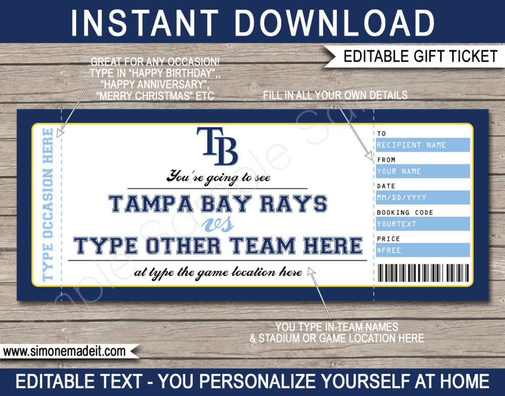 Printable Tampa Bay Rays Game Ticket Gift Voucher Template | Printable Surprise MLB Baseball Tickets | Editable Text | Gift Certificate | Birthday, Christmas, Anniversary, Retirement, Graduation, Mother's Day, Father's Day, Congratulations, Valentine's Day | INSTANT DOWNLOAD via giftsbysimonemadeit.com