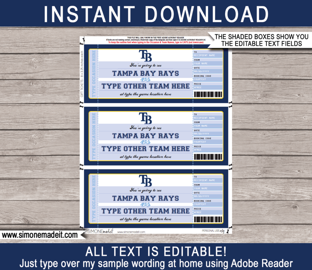 Editable Tampa Bay Rays Game Ticket Gift Voucher Template | Printable Surprise MLB Baseball Tickets | Editable Text | Gift Certificate | Birthday, Christmas, Anniversary, Retirement, Graduation, Mother's Day, Father's Day, Congratulations, Valentine's Day | INSTANT DOWNLOAD via giftsbysimonemadeit.com