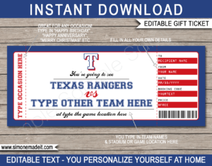 Printable Texas Rangers Game Ticket Gift Voucher Template | Printable Surprise MLB Baseball Tickets | Editable Text | Gift Certificate | Birthday, Christmas, Anniversary, Retirement, Graduation, Mother's Day, Father's Day, Congratulations, Valentine's Day | INSTANT DOWNLOAD via giftsbysimonemadeit.com