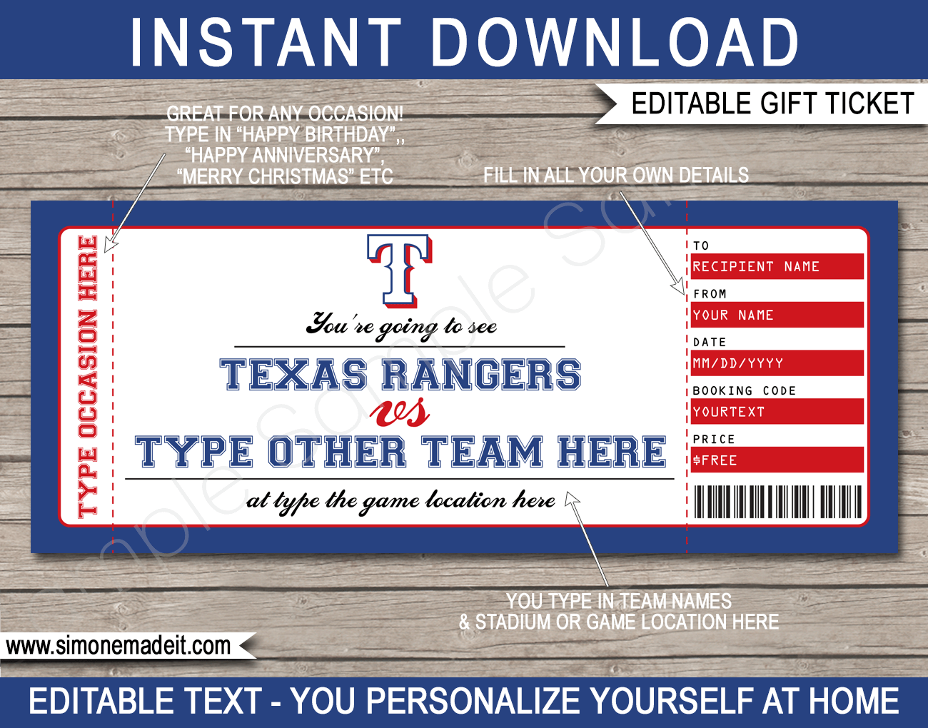 Texas Rangers Game Ticket Gift Voucher   Printable Surprise ...