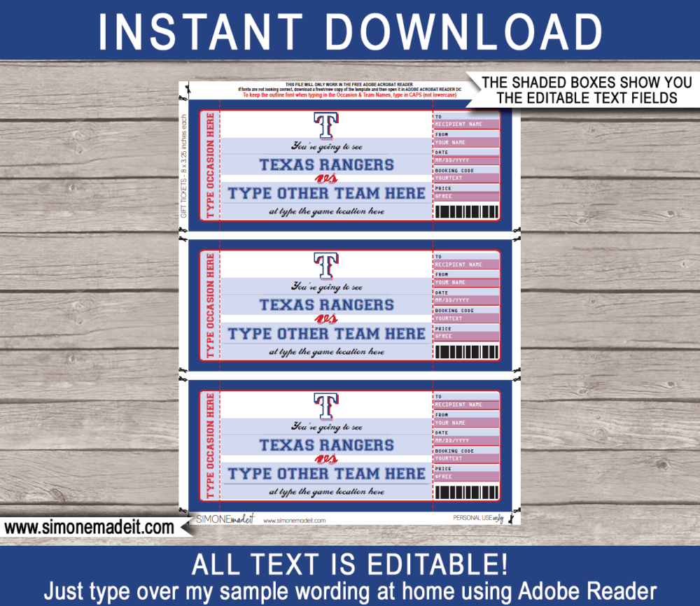Editable Texas Rangers Game Ticket Gift Voucher Template | Printable Surprise MLB Baseball Tickets | Editable Text | Gift Certificate | Birthday, Christmas, Anniversary, Retirement, Graduation, Mother's Day, Father's Day, Congratulations, Valentine's Day | INSTANT DOWNLOAD via giftsbysimonemadeit.com