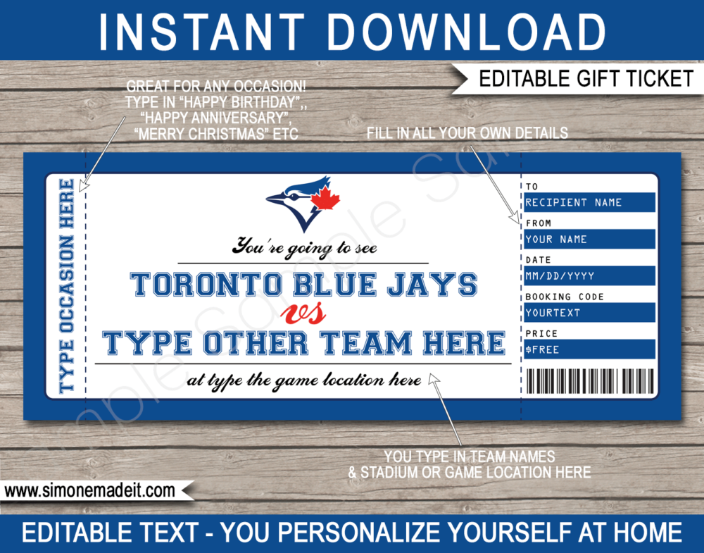 Printable Toronto Blue Jays Game Ticket Gift Voucher Template | Printable Surprise MLB Baseball Tickets | Editable Text | Gift Certificate | Birthday, Christmas, Anniversary, Retirement, Graduation, Mother's Day, Father's Day, Congratulations, Valentine's Day | INSTANT DOWNLOAD via giftsbysimonemadeit.com