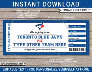 Printable Toronto Blue Jays Game Ticket Gift Voucher Template | Printable Surprise MLB Baseball Tickets | Editable Text | Gift Certificate | Birthday, Christmas, Anniversary, Retirement, Graduation, Mother's Day, Father's Day, Congratulations, Valentine's Day | INSTANT DOWNLOAD via giftsbysimonemadeit.com