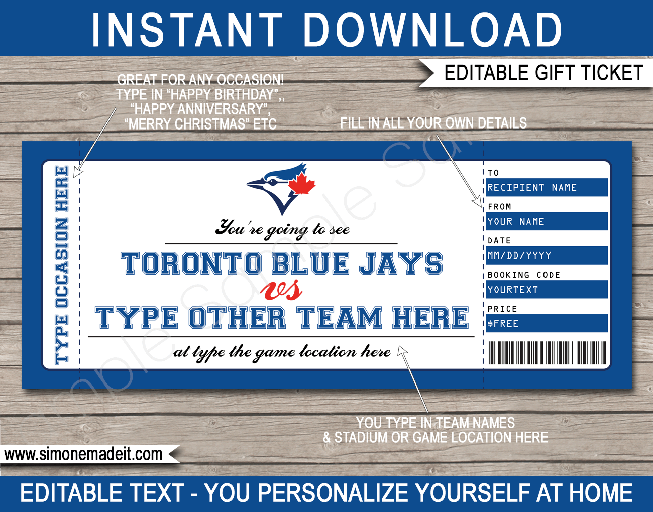 Toronto Blue Jays Game Ticket Gift Voucher | Printable Surprise Baseball