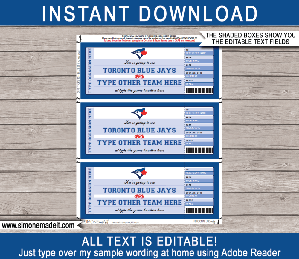 Toronto Blue Jays Game Ticket T Voucher Printable Surprise