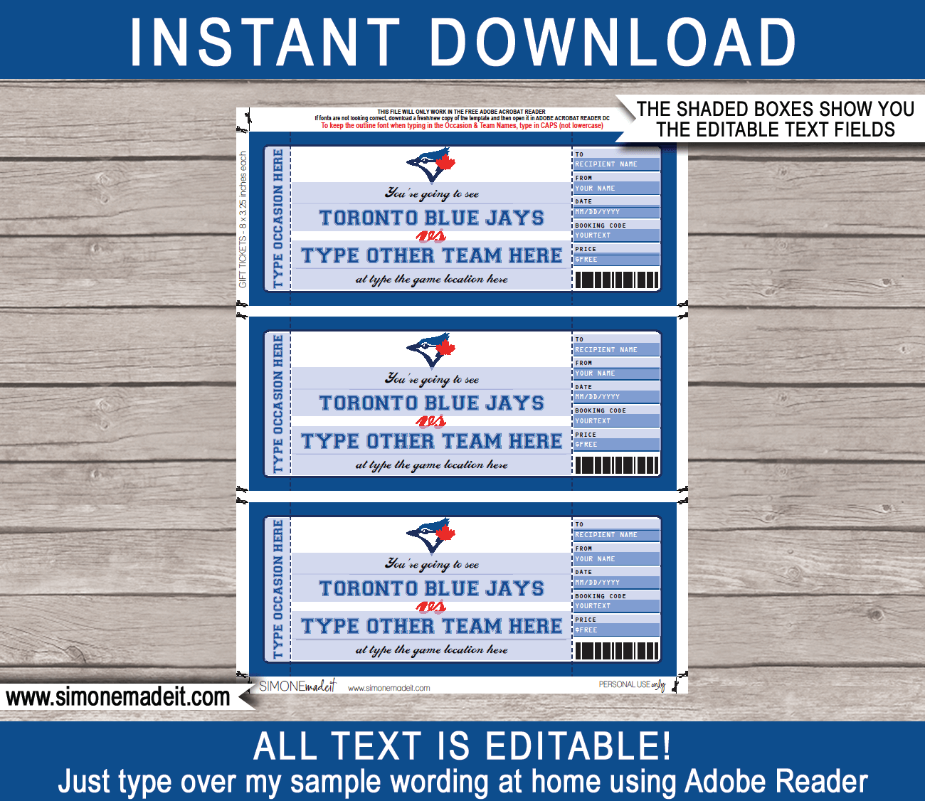 Toronto Blue Jays Game Ticket Gift Voucher | Printable Surprise Baseball
