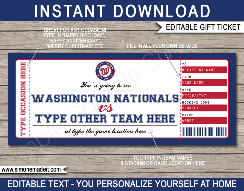Printable Washington Nationals Game Ticket Gift Voucher Template | Printable Surprise MLB Baseball Tickets | Editable Text | Gift Certificate | Birthday, Christmas, Anniversary, Retirement, Graduation, Mother's Day, Father's Day, Congratulations, Valentine's Day | INSTANT DOWNLOAD via giftsbysimonemadeit.com