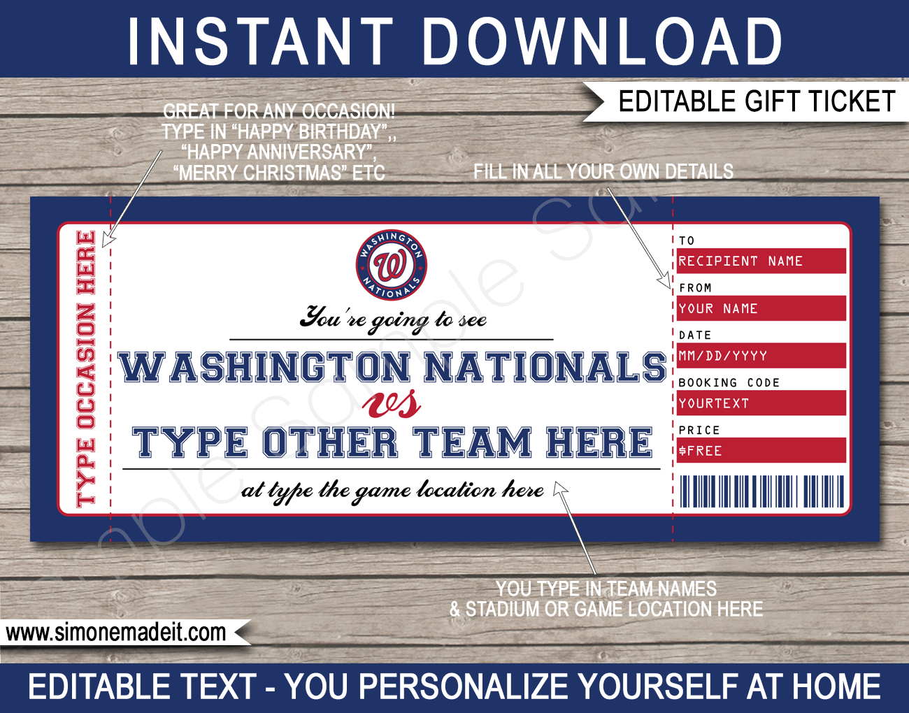 Washington Nationals Game Ticket Gift Voucher   Printable Surprise ...