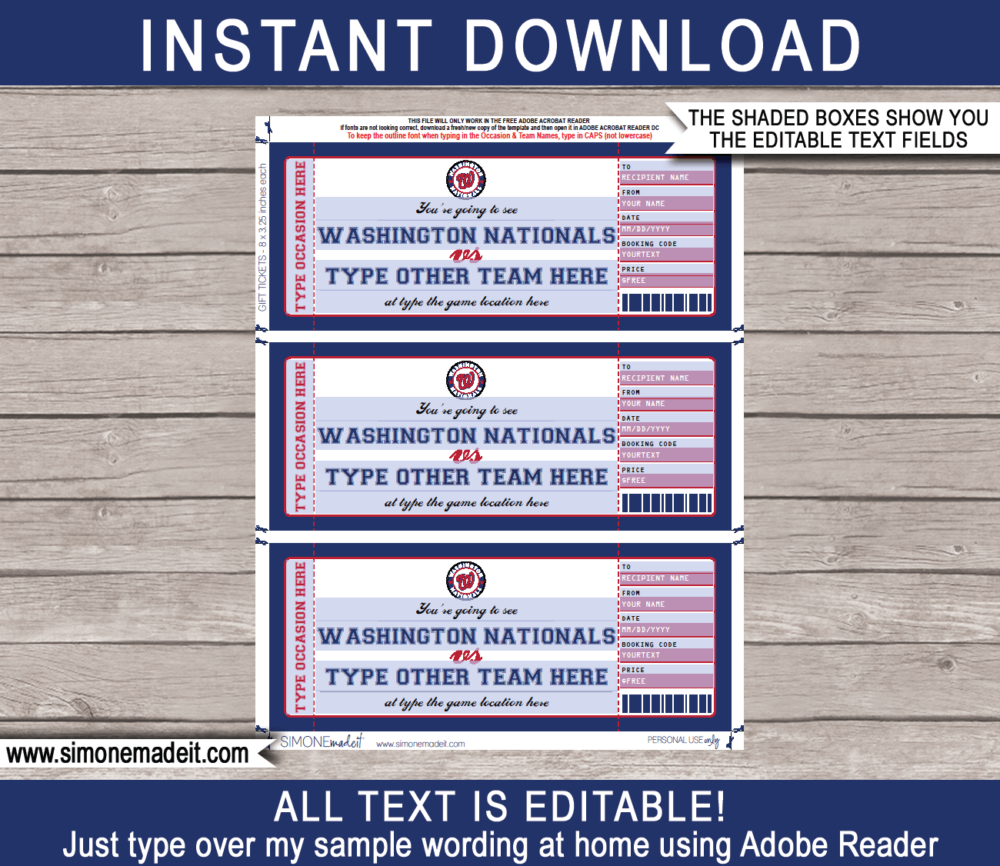 Editable Washington Nationals Game Ticket Gift Voucher Template | Printable Surprise MLB Baseball Tickets | Editable Text | Gift Certificate | Birthday, Christmas, Anniversary, Retirement, Graduation, Mother's Day, Father's Day, Congratulations, Valentine's Day | INSTANT DOWNLOAD via giftsbysimonemadeit.com