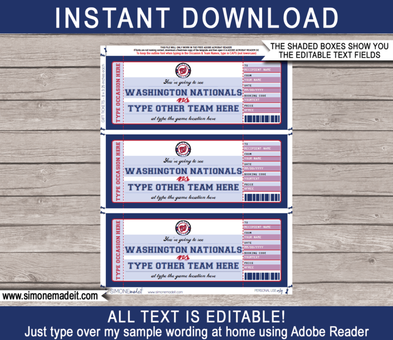 Washington Nationals Game Ticket Gift Voucher Printable Surprise