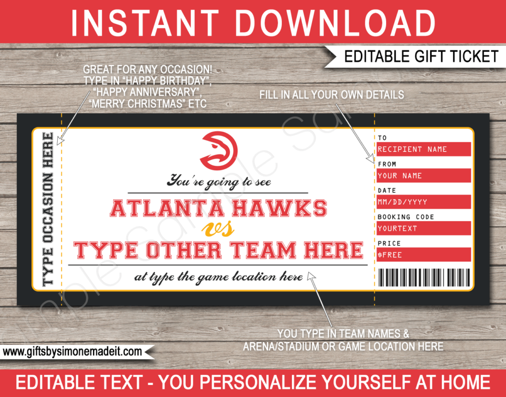 Atlanta Hawks Game Ticket Gift Voucher Template | Printable Surprise NBA Basketball Personalized Tickets | Editable Text | Gift Certificate | Last Minute Birthday, Christmas, Anniversary, Retirement, Graduation, Mother's Day, Father's Day, Congratulations, Valentine's Day Present | INSTANT DOWNLOAD via giftsbysimonemadeit.com