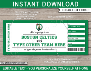 Boston Celtics Game Ticket Gift Voucher Template | Printable Surprise NBA Basketball Personalized Tickets | Editable Text | Gift Certificate | Last Minute Birthday, Christmas, Anniversary, Retirement, Graduation, Mother's Day, Father's Day, Congratulations, Valentine's Day Present | INSTANT DOWNLOAD via giftsbysimonemadeit.com