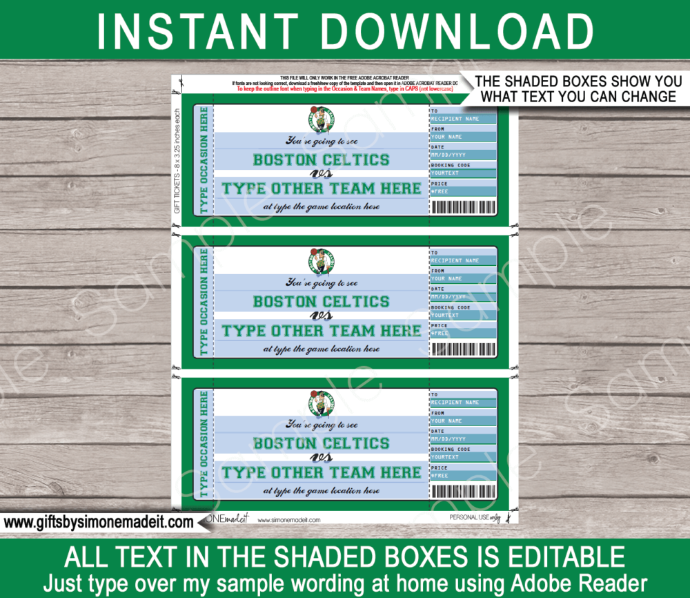 Editable & Printable Boston Celtics Game Ticket Gift Voucher Template | Surprise NBA Basketball Personalized Tickets | Custom Text | Gift Certificate | Last Minute Birthday, Christmas, Anniversary, Retirement, Graduation, Mother's Day, Father's Day, Congratulations, Valentine's Day Present | INSTANT DOWNLOAD via giftsbysimonemadeit.com