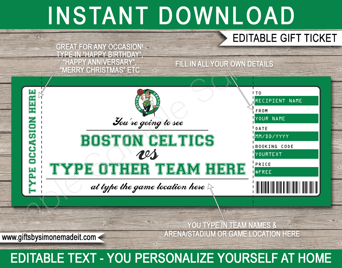 Boston Celtics Game Ticket Gift Voucher  Printable Surprise NBA Basketball  Tickets