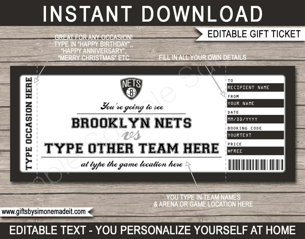 Brooklyn Nets Game Ticket Gift Voucher Template | Printable Surprise NBA Basketball Personalized Tickets | Editable Text | Gift Certificate | Last Minute Birthday, Christmas, Anniversary, Retirement, Graduation, Mother's Day, Father's Day, Congratulations, Valentine's Day Present | INSTANT DOWNLOAD via giftsbysimonemadeit.com
