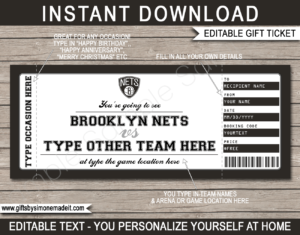 Brooklyn Nets Game Ticket Gift Voucher Template | Printable Surprise NBA Basketball Personalized Tickets | Editable Text | Gift Certificate | Last Minute Birthday, Christmas, Anniversary, Retirement, Graduation, Mother's Day, Father's Day, Congratulations, Valentine's Day Present | INSTANT DOWNLOAD via giftsbysimonemadeit.com