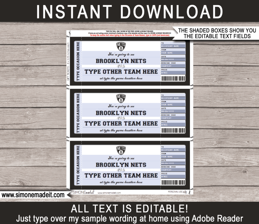 Editable & Printable Brooklyn Nets Game Ticket Gift Voucher Template | Surprise NBA Basketball Personalized Tickets | Custom Text | Gift Certificate | Last Minute Birthday, Christmas, Anniversary, Retirement, Graduation, Mother's Day, Father's Day, Congratulations, Valentine's Day Present | INSTANT DOWNLOAD via giftsbysimonemadeit.com
