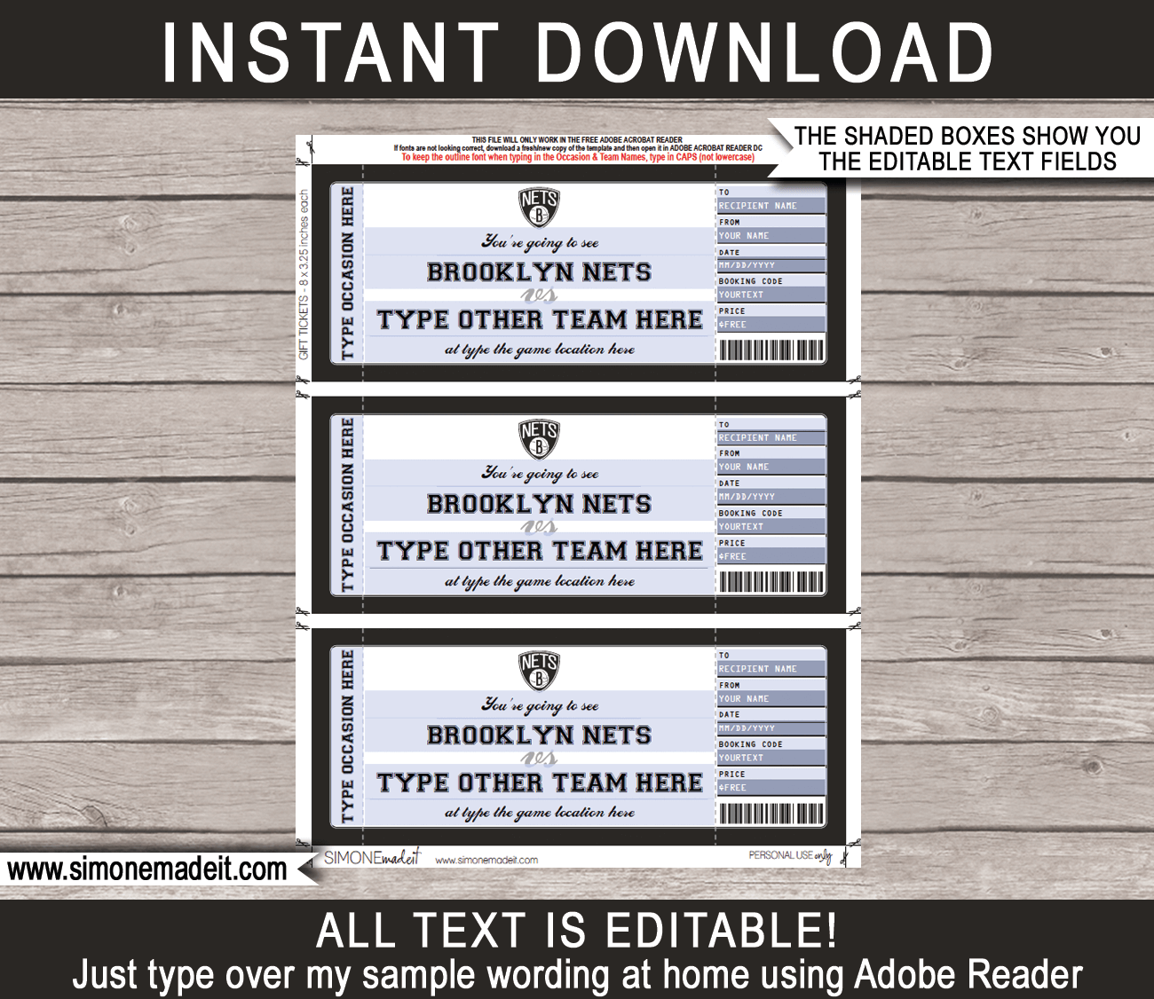 Brooklyn Nets Game Ticket Gift Voucher Printable Surprise NBA