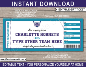 Charlotte Hornets Game Ticket Gift Voucher Template | Printable Surprise NBA Basketball Personalized Tickets | Editable Text | Gift Certificate | Last Minute Birthday, Christmas, Anniversary, Retirement, Graduation, Mother's Day, Father's Day, Congratulations, Valentine's Day Present | INSTANT DOWNLOAD via giftsbysimonemadeit.com