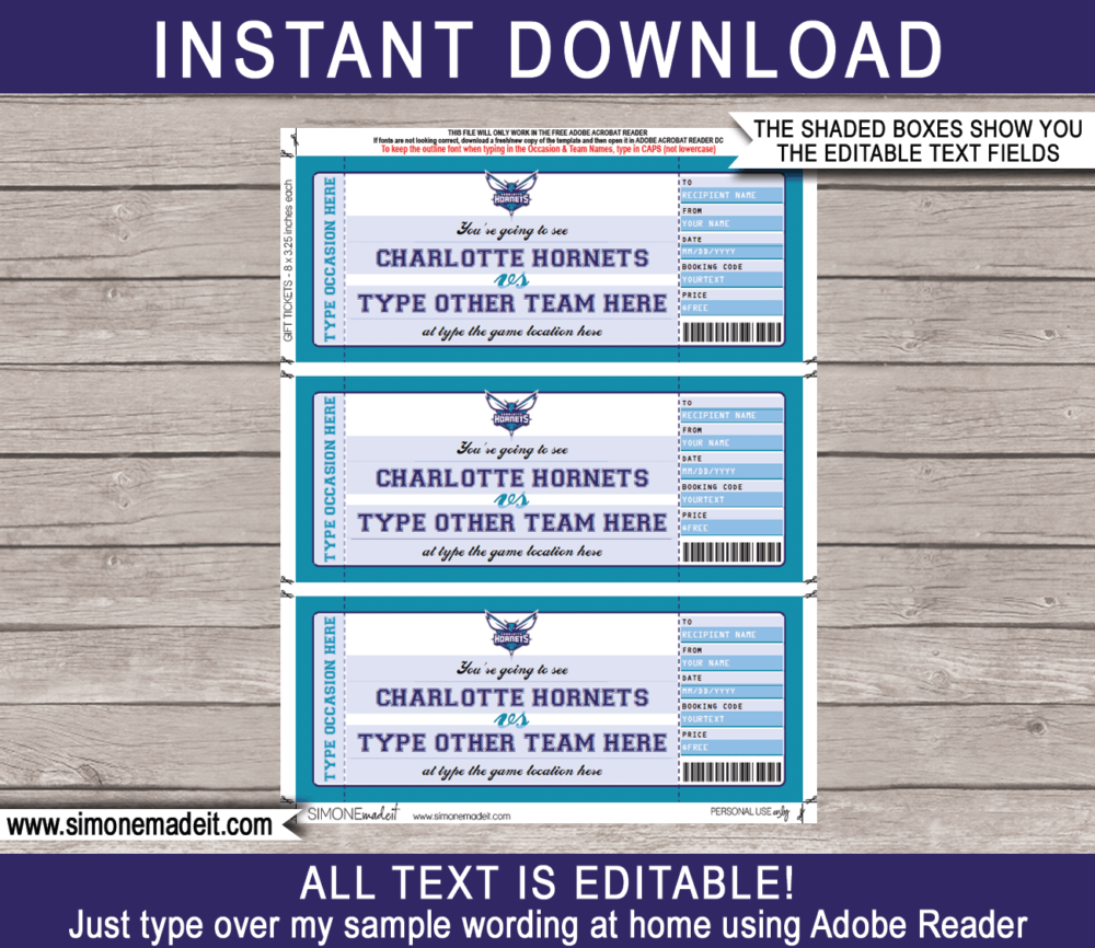 Editable & Printable Charlotte Hornets Game Ticket Gift Voucher Template | Surprise NBA Basketball Personalized Tickets | Custom Text | Gift Certificate | Last Minute Birthday, Christmas, Anniversary, Retirement, Graduation, Mother's Day, Father's Day, Congratulations, Valentine's Day Present | INSTANT DOWNLOAD via giftsbysimonemadeit.com