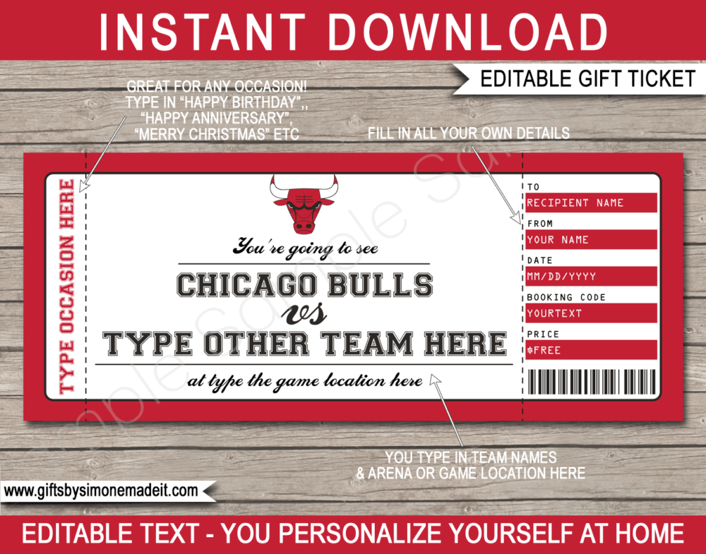 Chicago Bullls Game Ticket Gift Voucher Template | Printable Surprise NBA Basketball Personalized Tickets | Editable Text | Gift Certificate | Last Minute Birthday, Christmas, Anniversary, Retirement, Graduation, Mother's Day, Father's Day, Congratulations, Valentine's Day Present | INSTANT DOWNLOAD via giftsbysimonemadeit.com