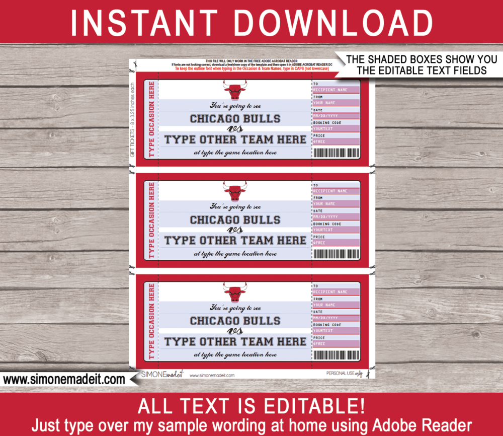 Editable & Printable Chicago Bulls Game Ticket Gift Voucher Template | Surprise NBA Basketball Personalized Tickets | Custom Text | Gift Certificate | Last Minute Birthday, Christmas, Anniversary, Retirement, Graduation, Mother's Day, Father's Day, Congratulations, Valentine's Day Present | INSTANT DOWNLOAD via giftsbysimonemadeit.com