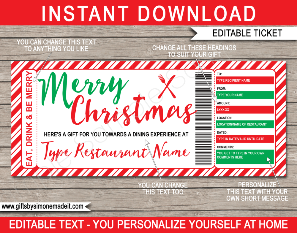 Christmas Restaurant Gift Certificate Printable Template - Dining Gift Voucher - Dinner or Night Out Experience - Last Minute Christmas Present - DIY Editable Template - INSTANT DOWNLOAD via www.giftsbysimonemadeit.com