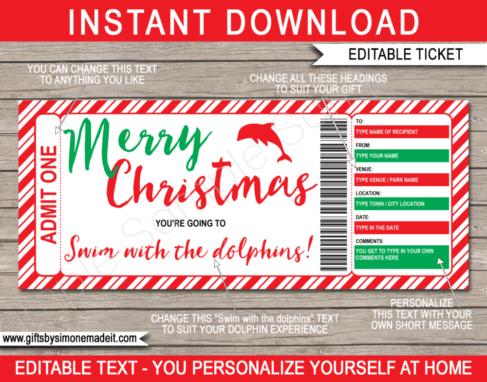 Swim with the Dolphins Gift Certificate Template - Printable Christmas Dolphin Voucher - Dolphin Experience - Last Minute Christmas Present - DIY Editable Template - INSTANT DOWNLOAD via www.giftsbysimonemadeit.com