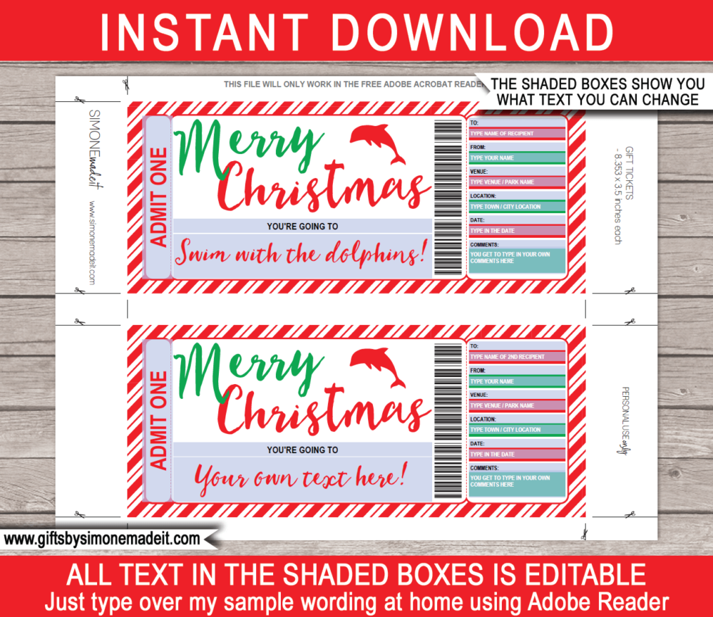 Christmas Dolphin Swim Gift Certificate Printable Template - Swim with the Dolphins Gift Voucher - Dolphin Experience - Last Minute Christmas Present - DIY Editable Template - INSTANT DOWNLOAD via www.giftsbysimonemadeit.com