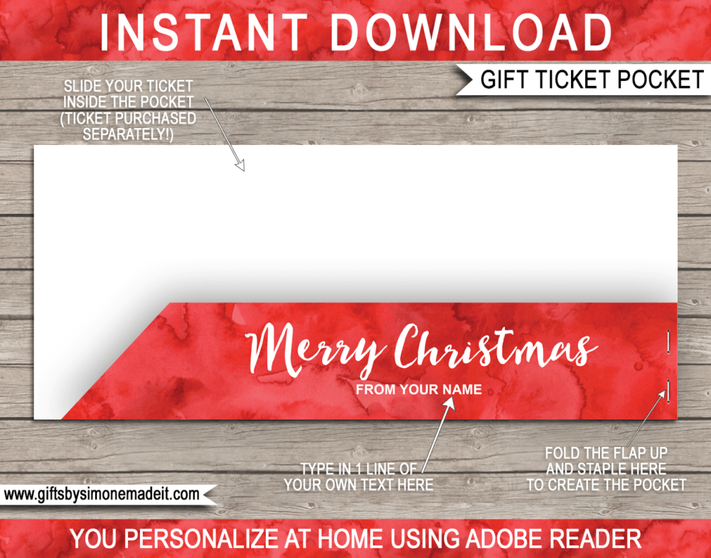 Watercolor Christmas Gift Ticket Pocket Template | Personalized Sleeve, Envelope, Holder for Money, Vouchers or Gift Certificates | Printable Template with Editable Text - Last Minute Christmas Present Idea - INSTANT DOWNLOAD - via giftsbysimonemadeit.com