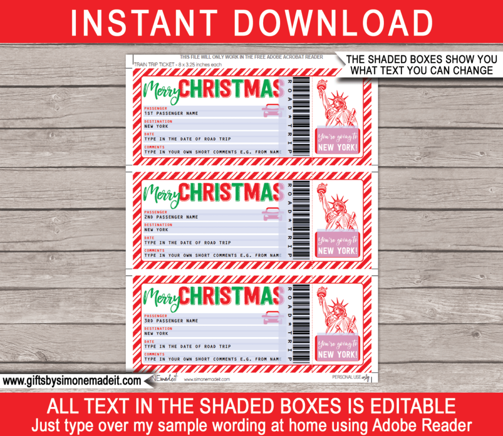 Editable & Printable Christmas New York Road Trip Ticket Gift Template | Surprise Road Trip to NYC Reveal | Xmas Present | INSTANT DOWNLOAD via giftsbysimonemadeit.com