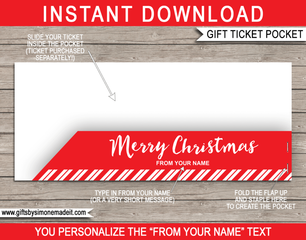 Christmas Gift Ticket Pocket Template | Personalized Sleeve, Envelope, Holder for Money, Vouchers or Gift Certificates | Printable Template with Editable Text - Last Minute Christmas Present Idea - INSTANT DOWNLOAD - via giftsbysimonemadeit.com