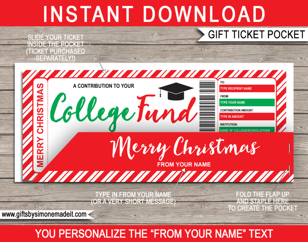 Christmas College Fund Gift Ticket with Pocket Sleeve Gift Holder - Printable & Editable Template - Last Minute Christmas Present Idea - INSTANT DOWNLOAD - via giftsbysimonemadeit.com
