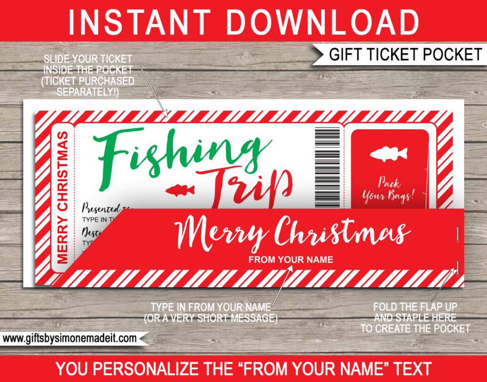 Christmas Fishing Trip Gift Ticket with Pocket Sleeve Gift Holder - Printable & Editable Template - Last Minute Christmas Present Idea - INSTANT DOWNLOAD - via giftsbysimonemadeit.com