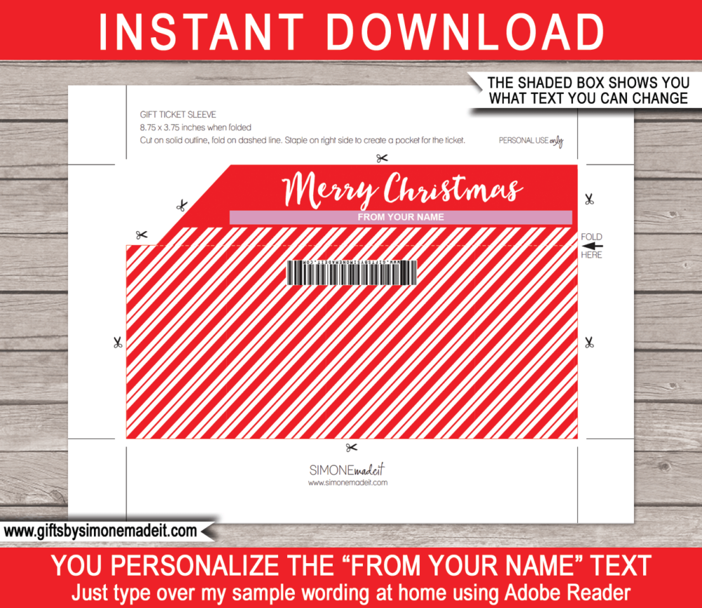 Christmas Gift Ticket Pocket Sleeve Holder - Printable & Editable Template - Last Minute Christmas Present Idea - INSTANT DOWNLOAD - via giftsbysimonemadeit.com