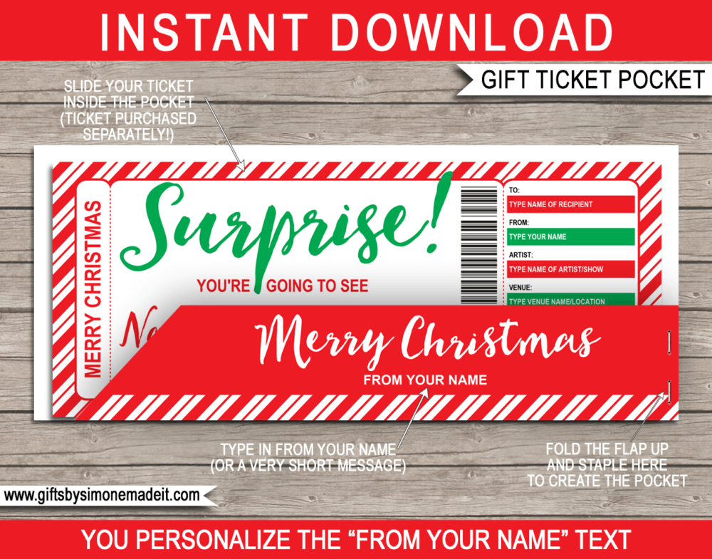 Christmas Surprise Concert Gift Ticket with Pocket Sleeve Gift Holder - Printable & Editable Template - Last Minute Christmas Present Idea - INSTANT DOWNLOAD - via giftsbysimonemadeit.com
