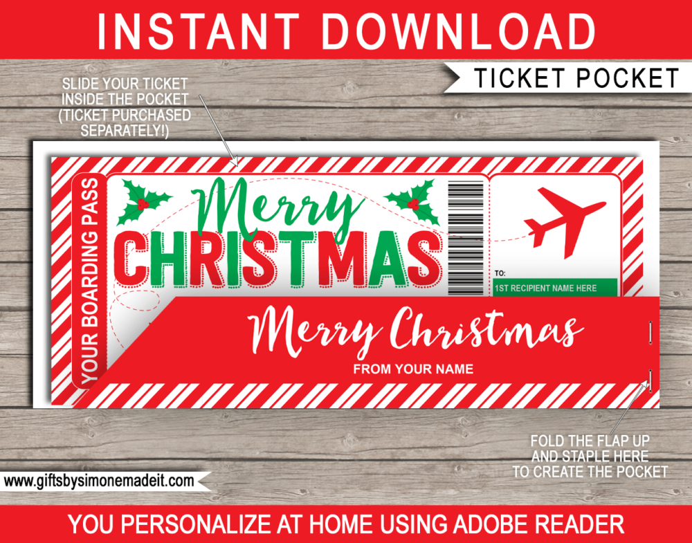 Printable Christmas Plane Boarding Pass Gift Ticket Template with editable text