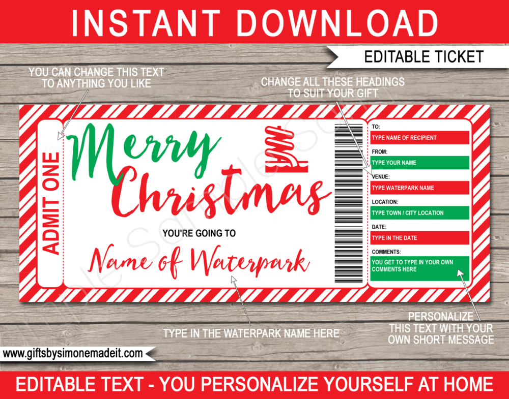 Christmas Water Park Ticket Gift Certificate Template | Aqua Park, Waterpark Gift Voucher - Printable Last Minute Christmas Present - DIY with Editable Text - INSTANT DOWNLOAD via www.giftsbysimonemadeit.com