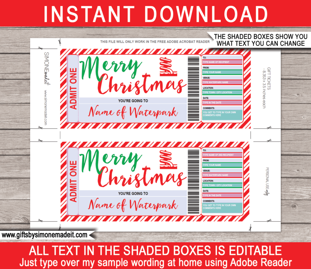 Christmas Water Park Ticket Gift Certificate Template | Aqua Park, Waterpark Gift Voucher - Printable Last Minute Christmas Present - DIY with Editable Text - INSTANT DOWNLOAD via www.giftsbysimonemadeit.com