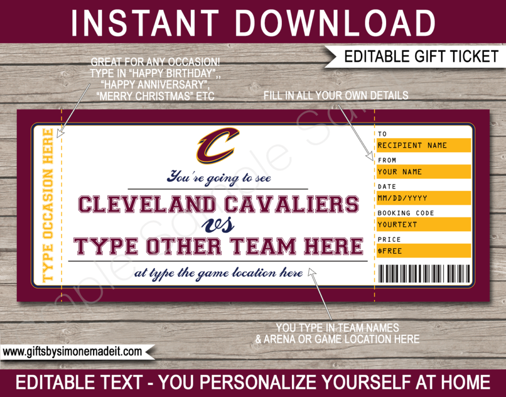 Cleveland Cavaliers Game Ticket Gift Voucher Template | Printable Surprise NBA Basketball Personalized Tickets | Editable Text | Gift Certificate | Last Minute Birthday, Christmas, Anniversary, Retirement, Graduation, Mother's Day, Father's Day, Congratulations, Valentine's Day Present | INSTANT DOWNLOAD via giftsbysimonemadeit.com