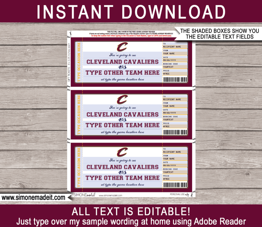 Editable & Printable Cleveland Cavaliers Game Ticket Gift Voucher Template | Surprise NBA Basketball Personalized Tickets | Custom Text | Gift Certificate | Last Minute Birthday, Christmas, Anniversary, Retirement, Graduation, Mother's Day, Father's Day, Congratulations, Valentine's Day Present | INSTANT DOWNLOAD via giftsbysimonemadeit.com