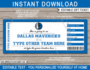 Dallas Mavericks Game Ticket Gift Voucher Template | Printable Surprise NBA Basketball Personalized Tickets | Editable Text | Gift Certificate | Last Minute Birthday, Christmas, Anniversary, Retirement, Graduation, Mother's Day, Father's Day, Congratulations, Valentine's Day Present | INSTANT DOWNLOAD via giftsbysimonemadeit.com