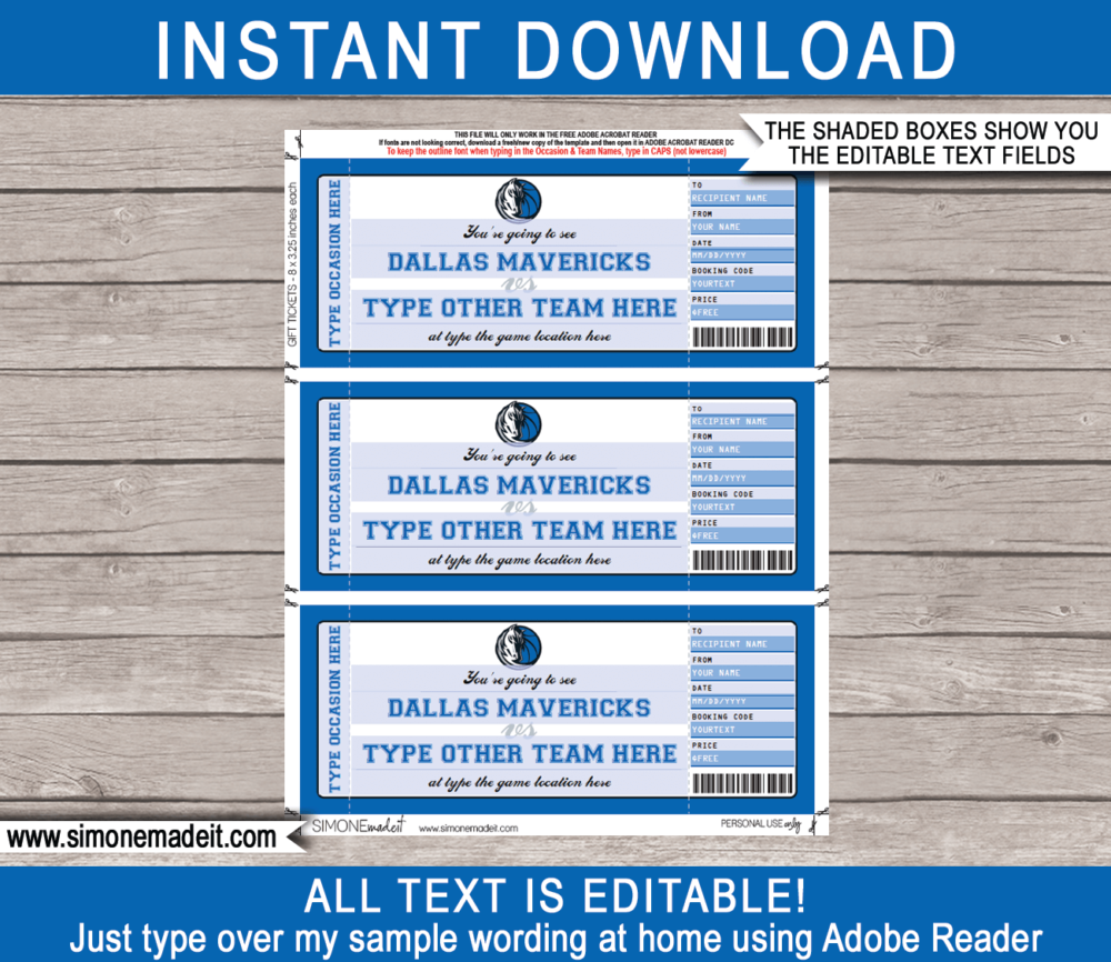 Editable & Printable Dallas Mavericks Game Ticket Gift Voucher Template | Surprise NBA Basketball Personalized Tickets | Custom Text | Gift Certificate | Last Minute Birthday, Christmas, Anniversary, Retirement, Graduation, Mother's Day, Father's Day, Congratulations, Valentine's Day Present | INSTANT DOWNLOAD via giftsbysimonemadeit.com