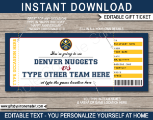 Denver Nuggets Game Ticket Gift Voucher Template | Printable Surprise NBA Basketball Personalized Tickets | Editable Text | Gift Certificate | Last Minute Birthday, Christmas, Anniversary, Retirement, Graduation, Mother's Day, Father's Day, Congratulations, Valentine's Day Present | INSTANT DOWNLOAD via giftsbysimonemadeit.com