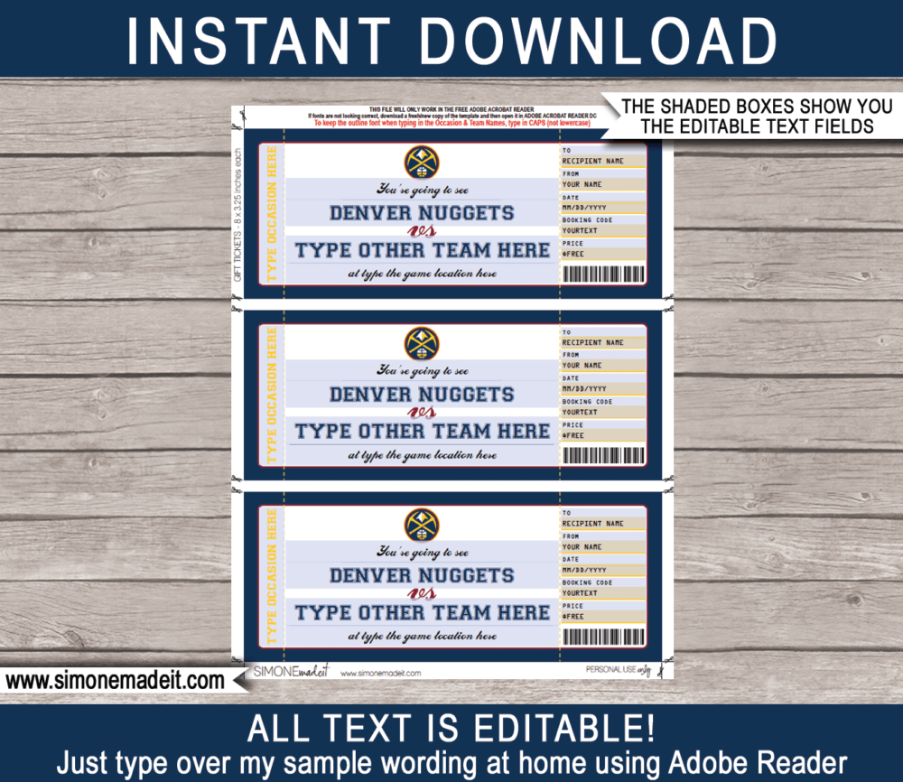 Editable & Printable Denver Nuggets Game Ticket Gift Voucher Template | Surprise NBA Basketball Personalized Tickets | Custom Text | Gift Certificate | Last Minute Birthday, Christmas, Anniversary, Retirement, Graduation, Mother's Day, Father's Day, Congratulations, Valentine's Day Present | INSTANT DOWNLOAD via giftsbysimonemadeit.com