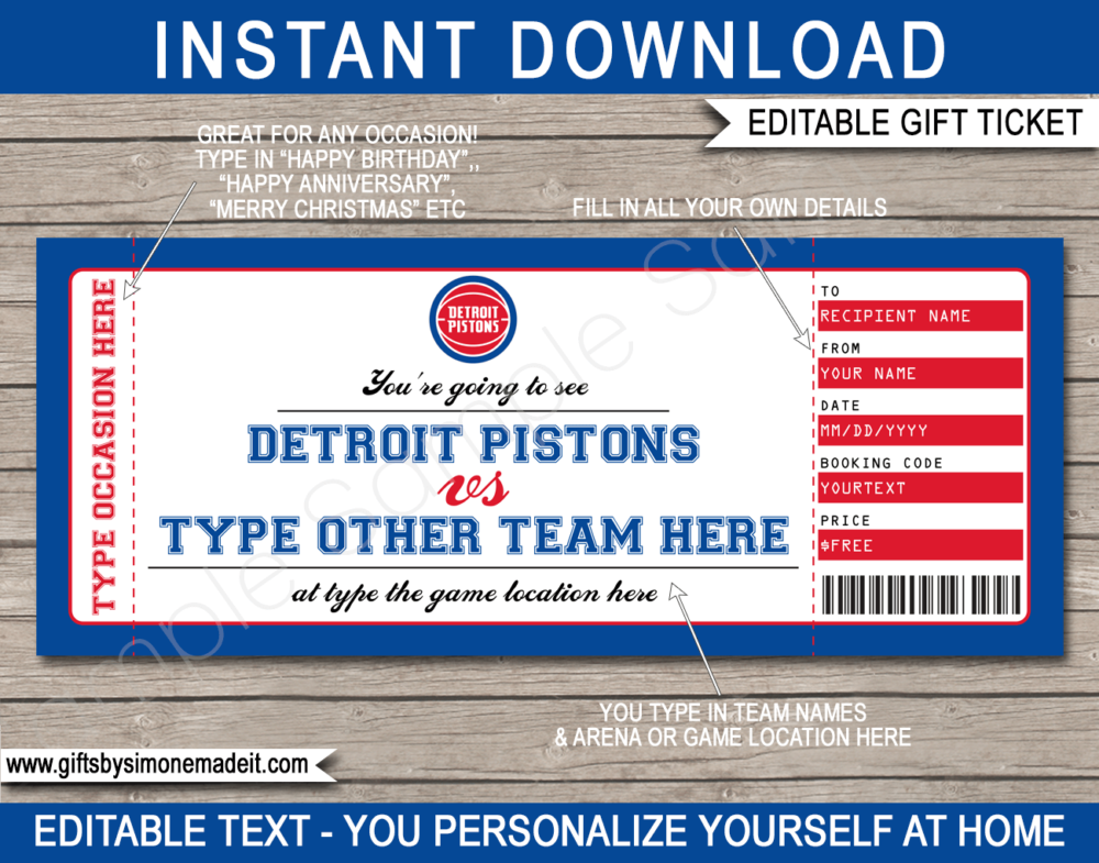 Detroit Pistons Game Ticket Gift Voucher Template | Printable Surprise NBA Basketball Personalized Tickets | Editable Text | Gift Certificate | Last Minute Birthday, Christmas, Anniversary, Retirement, Graduation, Mother's Day, Father's Day, Congratulations, Valentine's Day Present | INSTANT DOWNLOAD via giftsbysimonemadeit.com