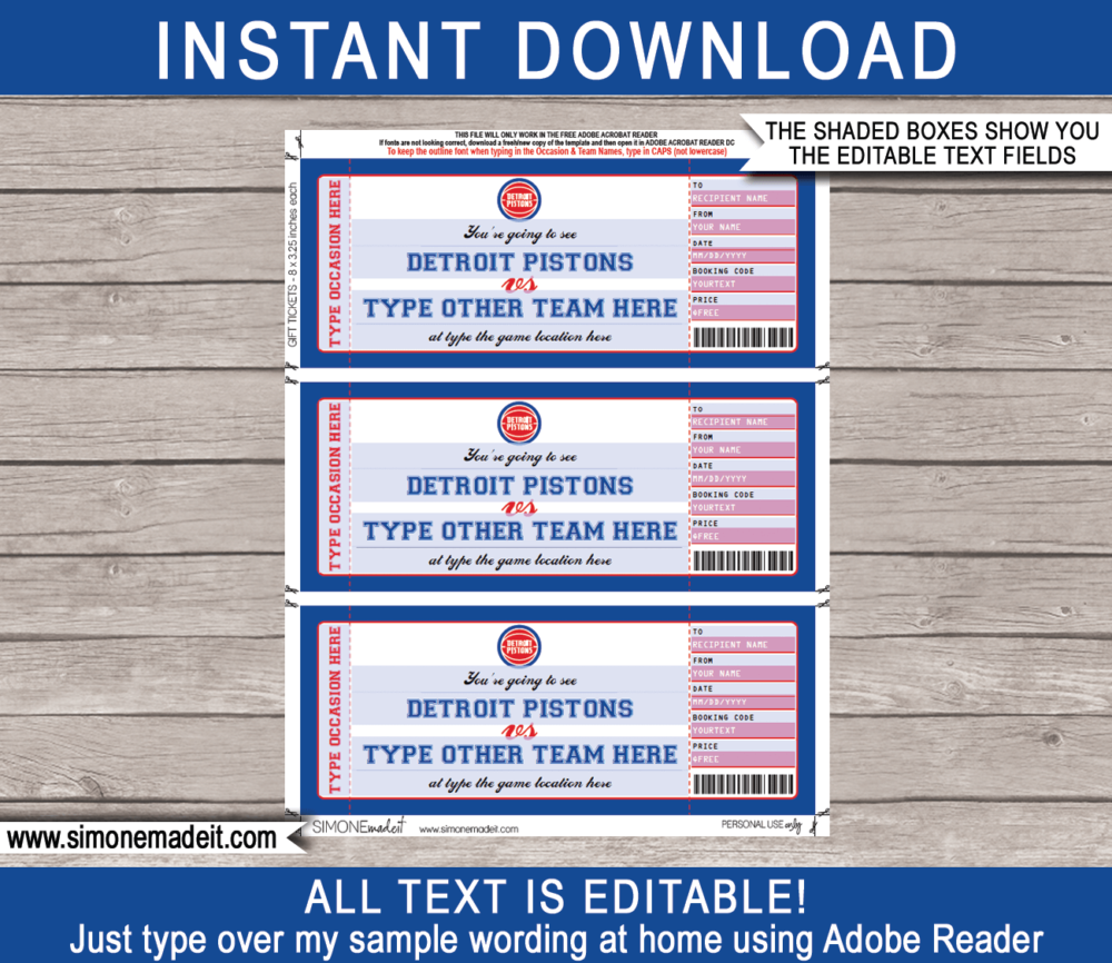 Editable & Printable Detroit Pistons Game Ticket Gift Voucher Template | Surprise NBA Basketball Personalized Tickets | Custom Text | Gift Certificate | Last Minute Birthday, Christmas, Anniversary, Retirement, Graduation, Mother's Day, Father's Day, Congratulations, Valentine's Day Present | INSTANT DOWNLOAD via giftsbysimonemadeit.com
