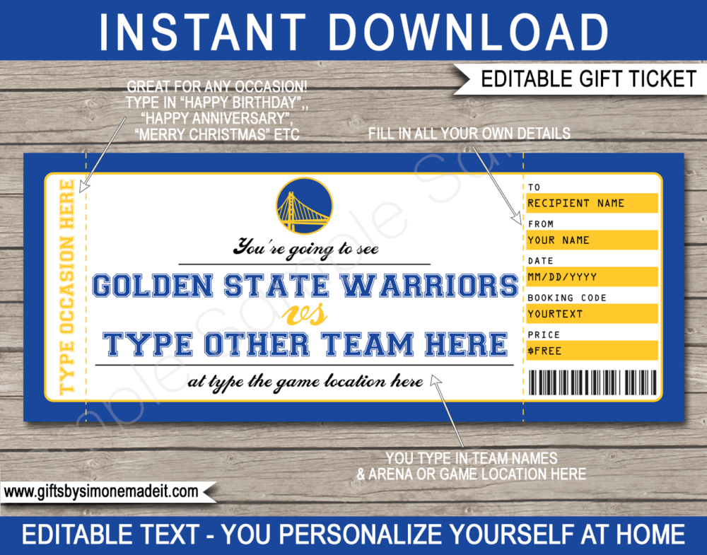 Golden State Warriors Game Ticket Gift Voucher Template | Printable Surprise NBA Basketball Personalized Tickets | Editable Text | Gift Certificate | Last Minute Birthday, Christmas, Anniversary, Retirement, Graduation, Mother's Day, Father's Day, Congratulations, Valentine's Day Present | INSTANT DOWNLOAD via giftsbysimonemadeit.com