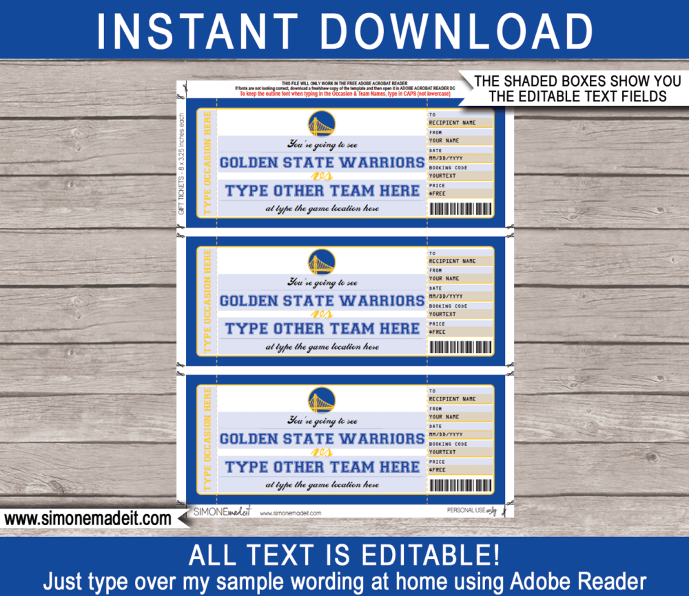 Editable & Printable Golden State Warriors Game Ticket Gift Voucher Template | Surprise NBA Basketball Personalized Tickets | Custom Text | Gift Certificate | Last Minute Birthday, Christmas, Anniversary, Retirement, Graduation, Mother's Day, Father's Day, Congratulations, Valentine's Day Present | INSTANT DOWNLOAD via giftsbysimonemadeit.com